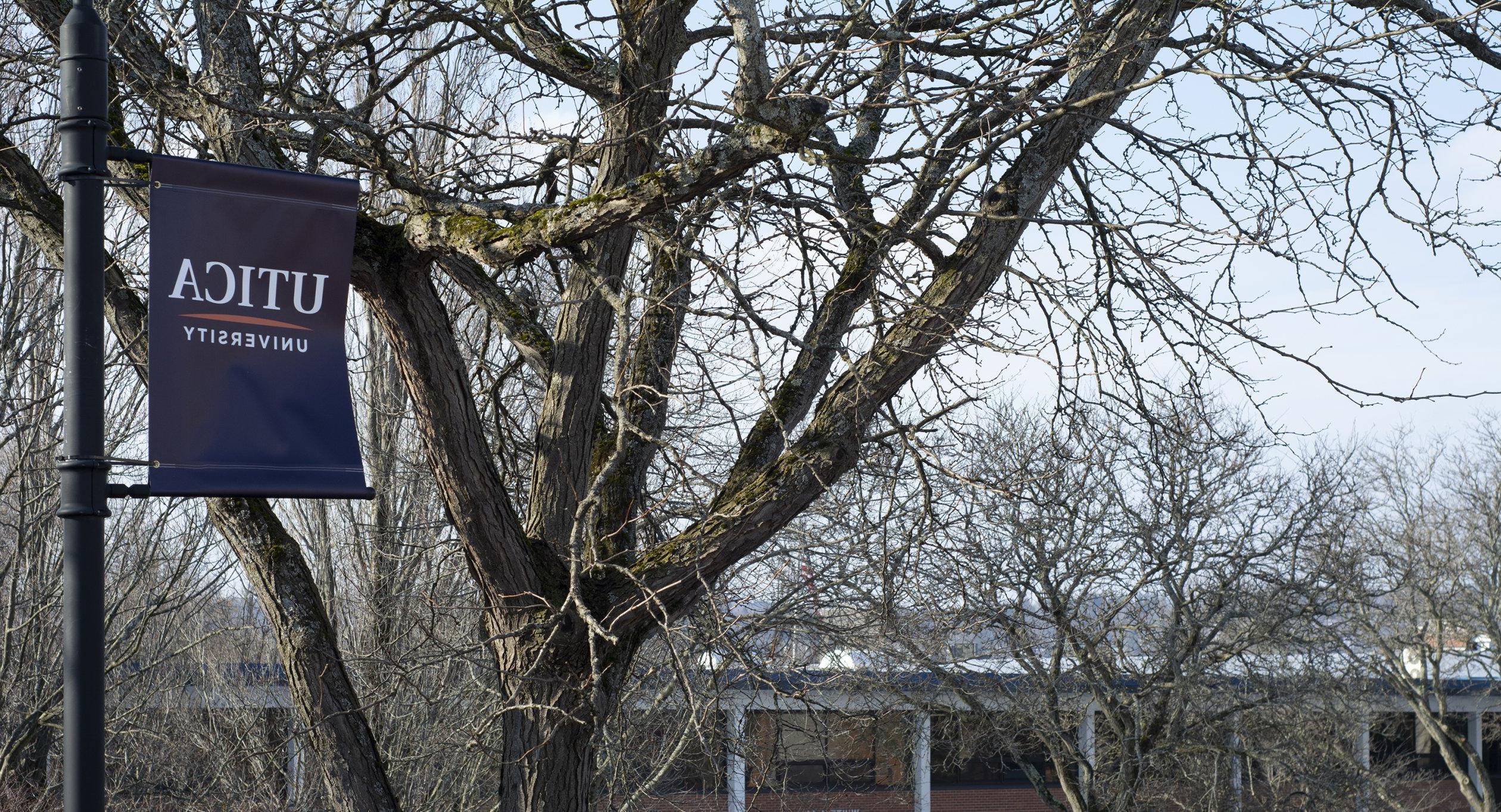 A blue Utica University banner overlooks the courtyard.